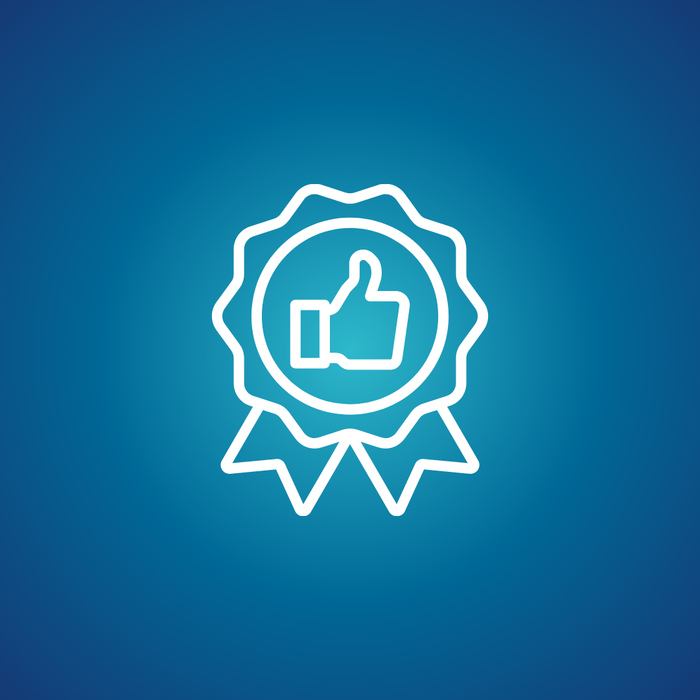 Badge icon with ‘thumbs up’ symbol on a blue background